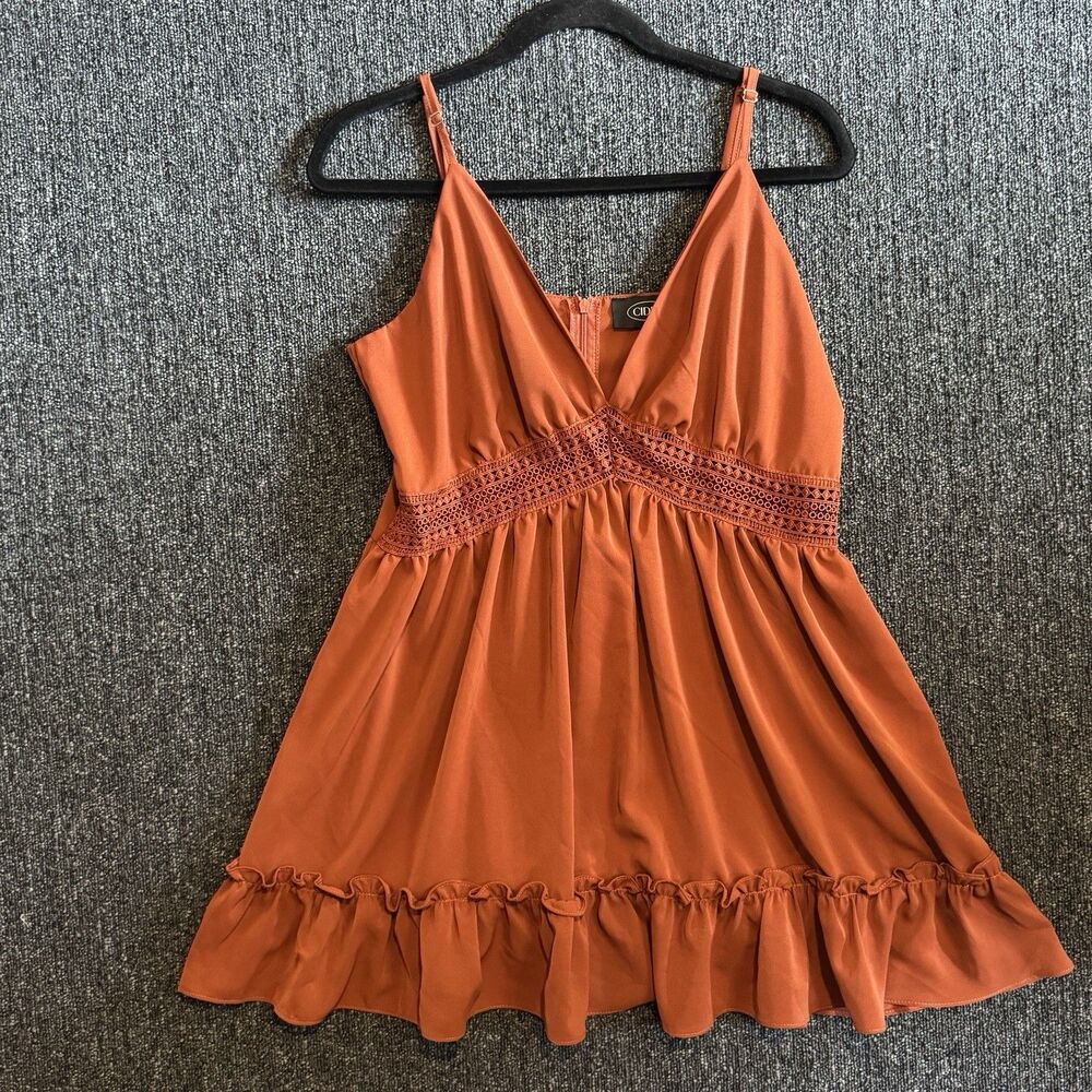 Cider Terracotta Rust V-Neck Lace Trim Ruffle Hem Cami Mini Dress Size L Boho